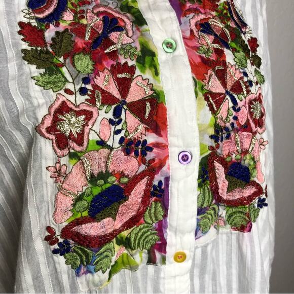 Antica Sartoria white striped floral embroidered button down tunic top size XL - Picture 8 of 16